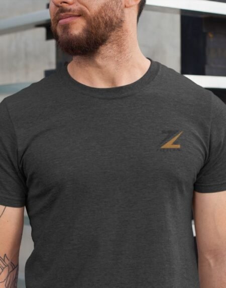 A man is wearing a black T-shirt for men with zarroon logo on it