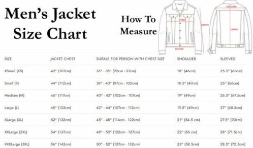 jacket size chart for zarroon harley