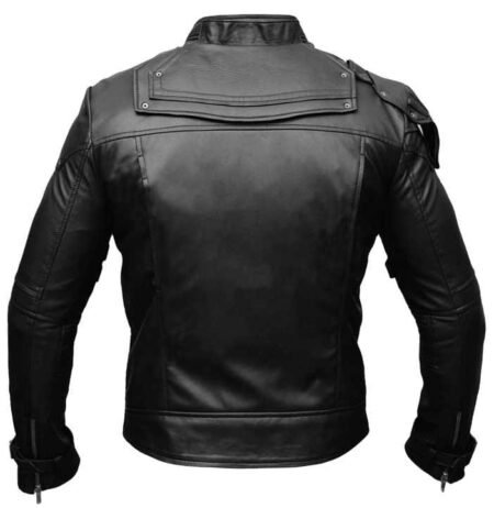 A black leather jacket displayed against a white background. It features intricate detailing on the sleeves and shoulders, giving it a rugged yet sophisticated appearance. The erect collar adds to its stylish design while ensuring warmth during colder seasons. Visible pockets on both sides of the jacket enhance its functionality.