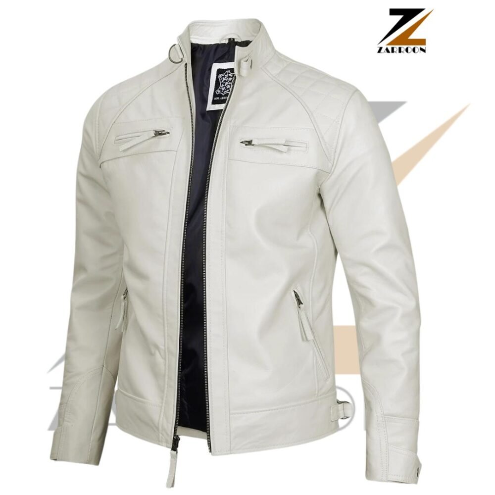 Side view Off White Leather Jacket with a sleek design, featuring zippered chest and side pockets, a vertical central zipper, and a stand-up collar. The jacket’s smooth texture and stylish cut embody the classic racer aesthetic, complemented by a black label with white text inside.