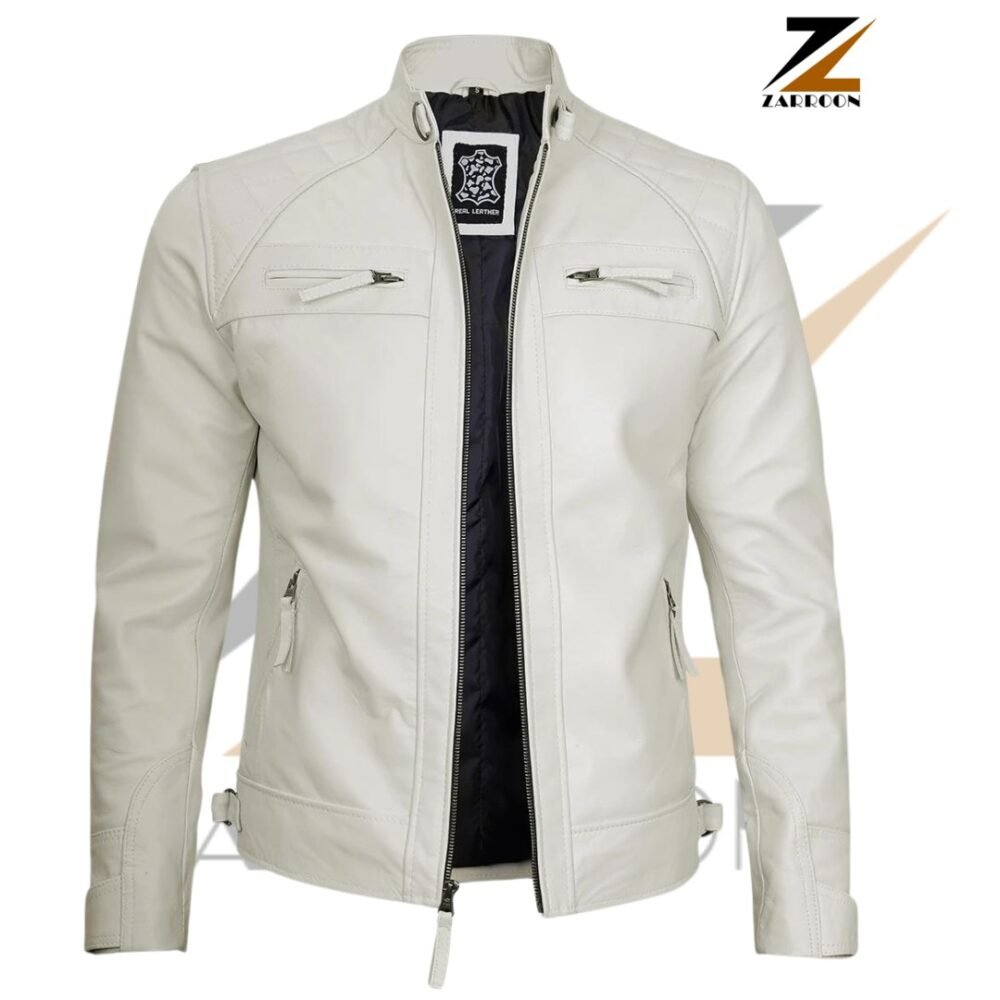 White Leather Jacket with a sleek design, featuring zippered chest and side pockets, a vertical central zipper, and a stand-up collar. The jacket’s smooth texture and stylish cut embody the classic racer aesthetic, complemented by a black label with white text inside.