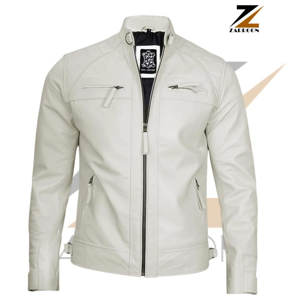 An elegant Off White Cafe Racer Leather Jacket with a sleek design, featuring zippered chest and side pockets, a vertical central zipper, and a stand-up collar. The jacket’s smooth texture and stylish cut embody the classic racer aesthetic, complemented by a black label with white text inside.