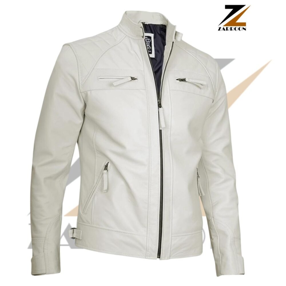 An elegant Off White Cafe Racer Leather Jacket with a sleek design, featuring zippered chest and side pockets, a vertical central zipper, and a stand-up collar. The jacket’s smooth texture and stylish cut embody the classic racer aesthetic, complemented by a black label with white text inside.