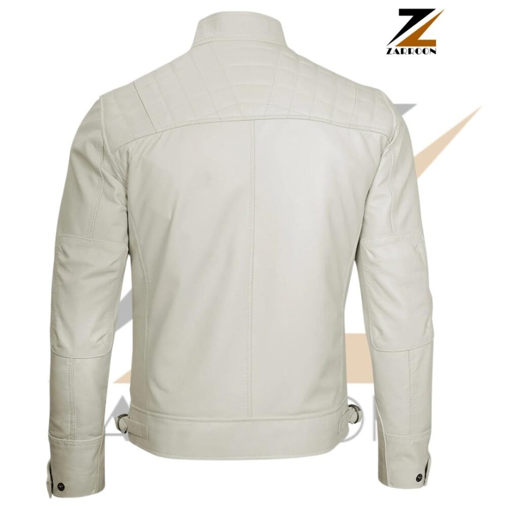 Back view of a sophisticated Off White Cafe Racer Leather Jacket, highlighting its smooth leather finish and quilted stitching detail across the shoulders. The jacket features a straight central seam and adjustable side straps with buttons for a tailored fit, exemplifying premium craftsmanship.