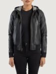 Women Black Hooded Leather Bomber Jacket (4)