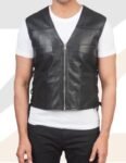 Black Leather Lace-Up Vest for Men